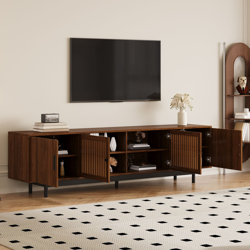 TV Stand, Media Console With Soft Closing Hinges, Adjustable Shelves, Slatted Doors - Walnut