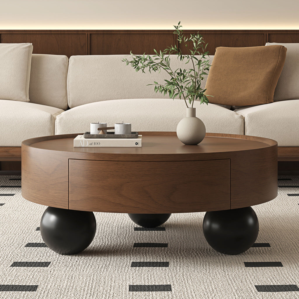 Round Coffee Table With Storage Drawer And Ball Feet - Walnut / Black