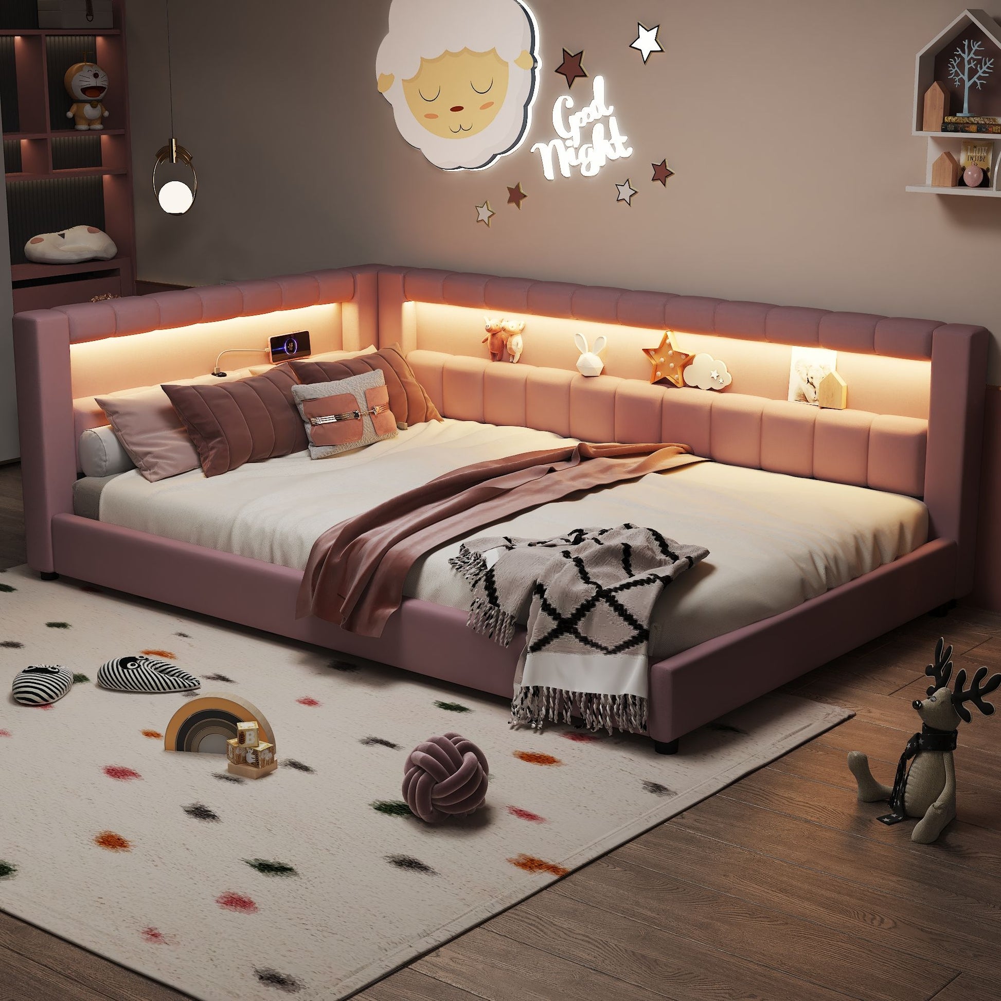 Upholstered Platform Bed With LED Belt And USB Ports