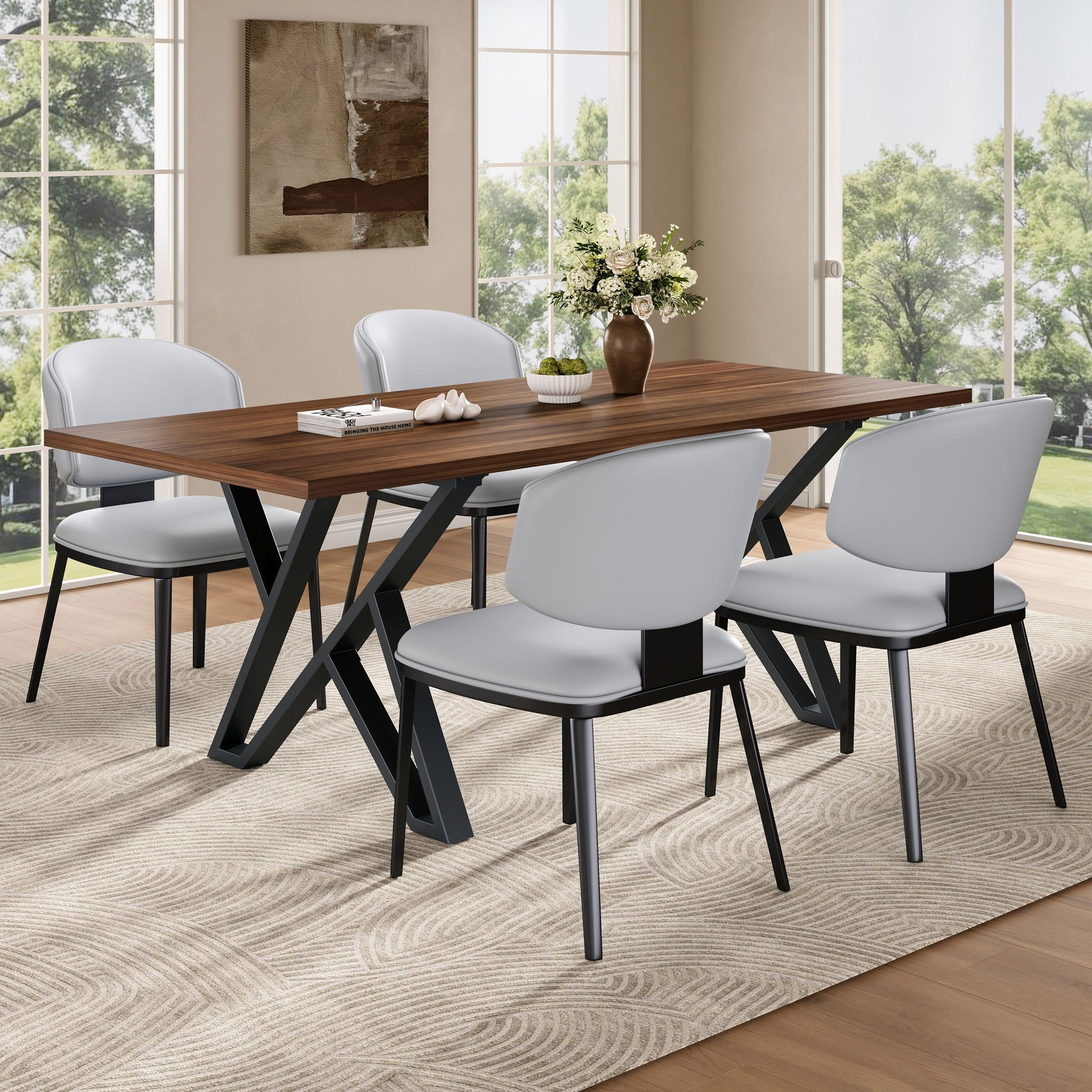 5 Pieces Modern Faux Leather And Metal Dining Set