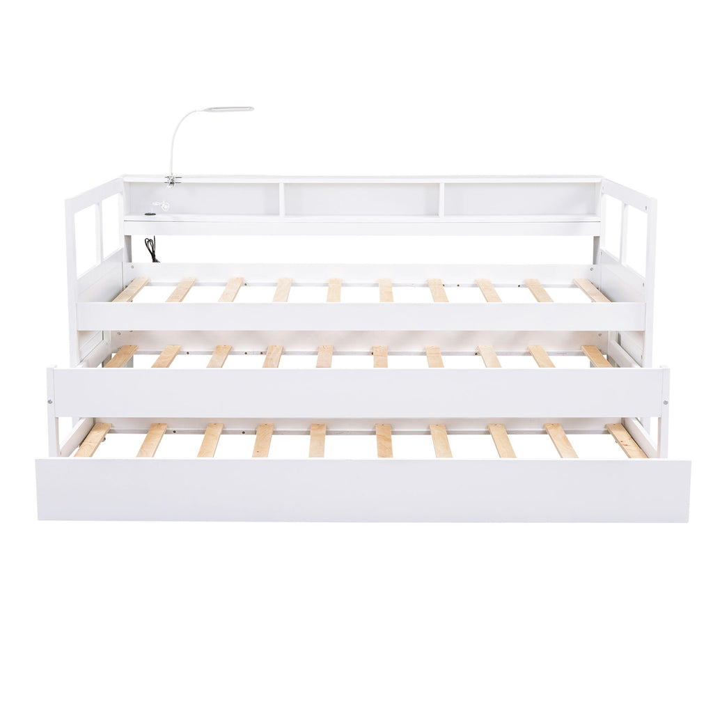 Daybed With 2 Trundles, 3 Storage Cubbies, Built In USB Charging Light