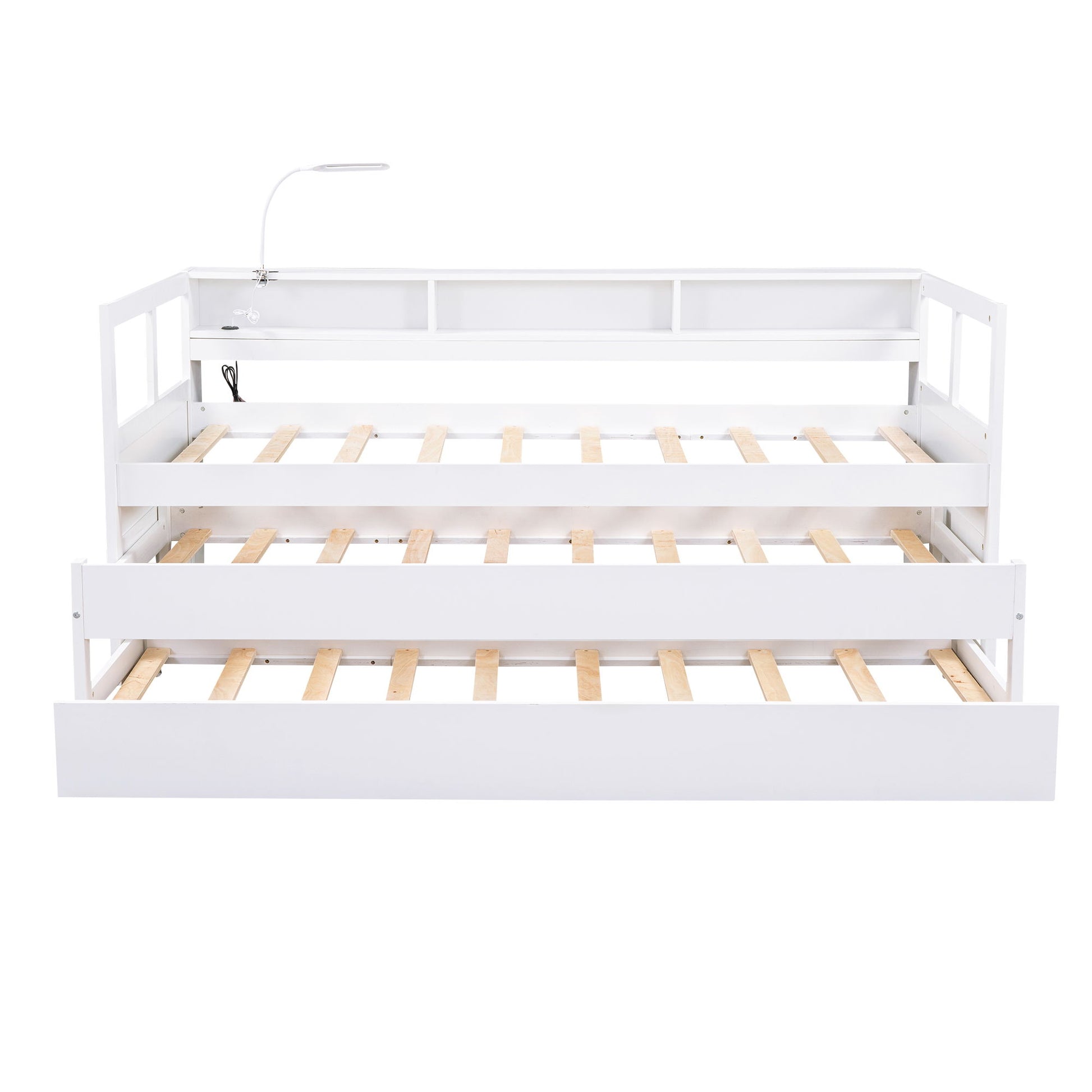 Daybed With 2 Trundles, 3 Storage Cubbies, Built In USB Charging Light