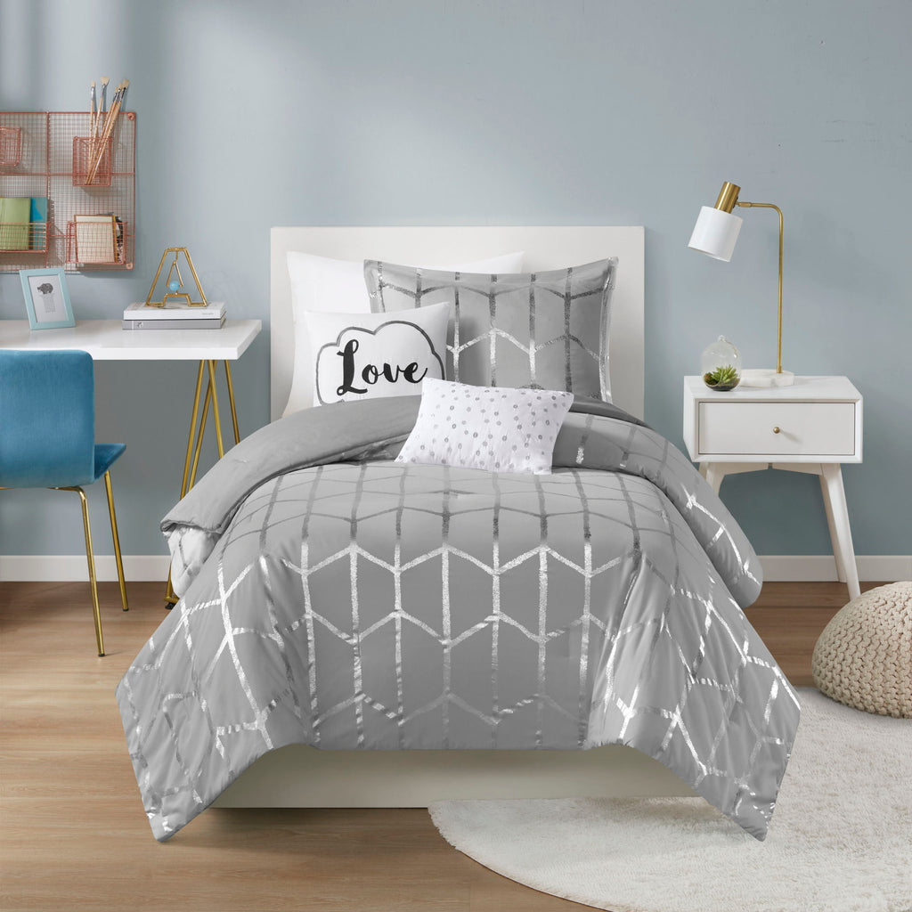 Raina - Brushed Microfiber Printed Comforter Set - Gray / Silver