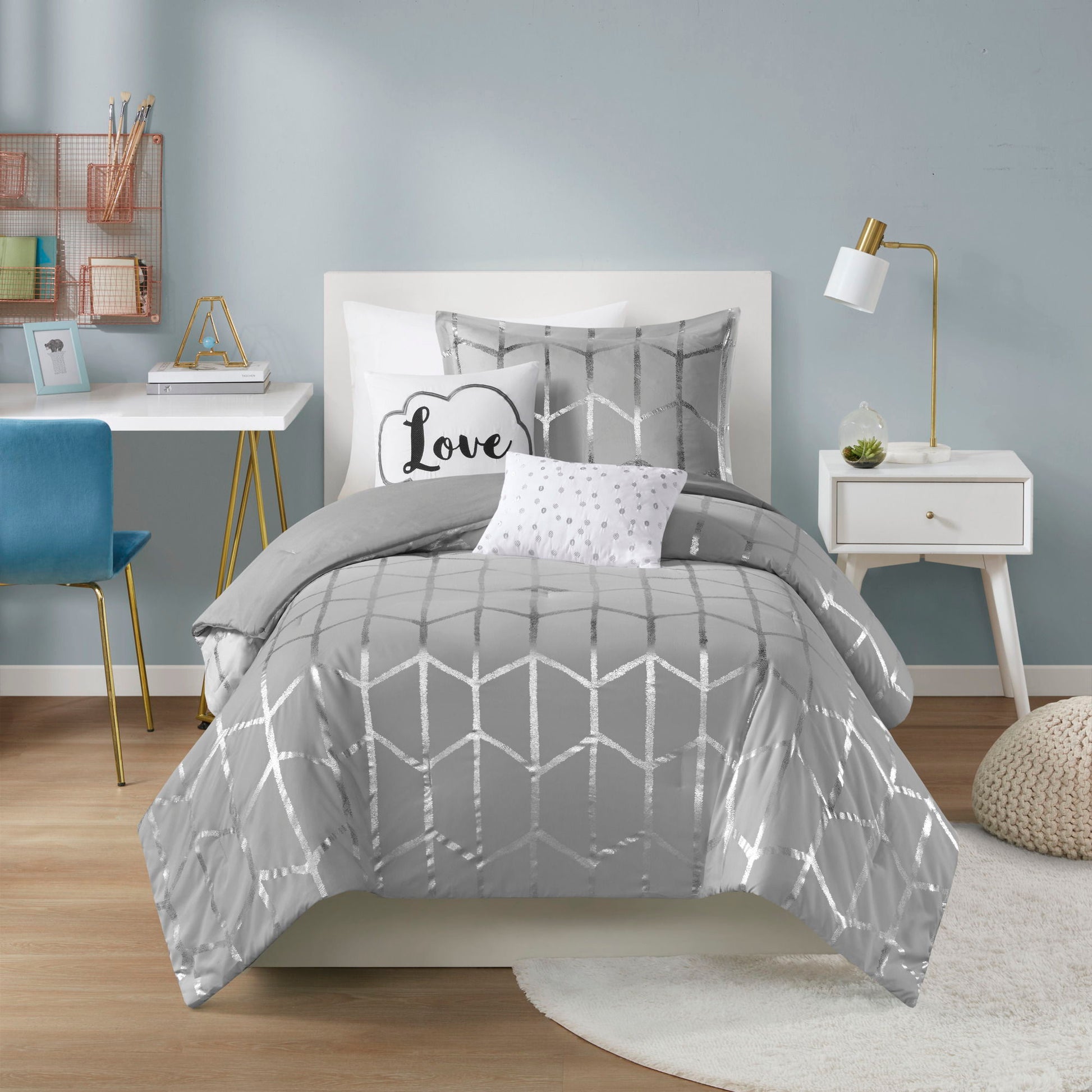 Raina - Brushed Microfiber Printed Comforter Set - Gray / Silver