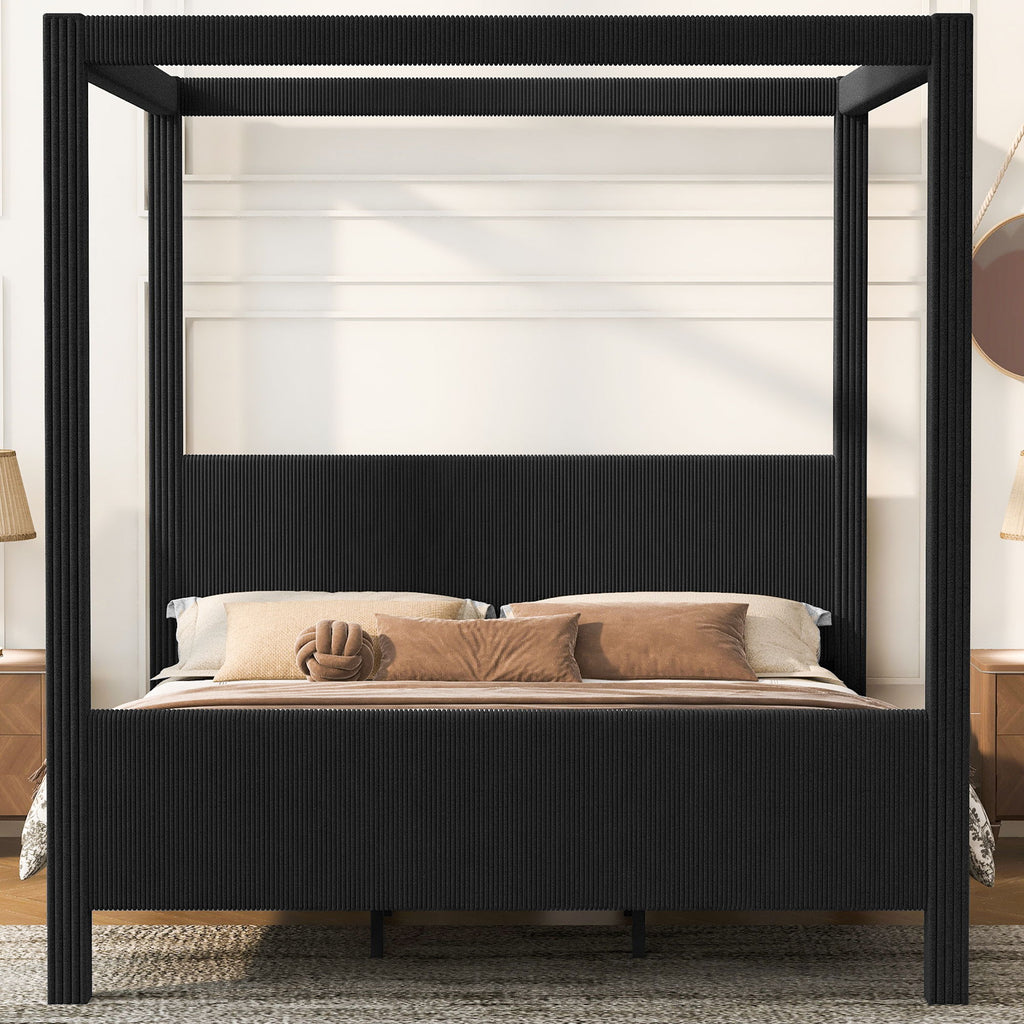 Upholstered Canopy Platform Bed With Headboard And Footboard, Vertical Ribbed Design