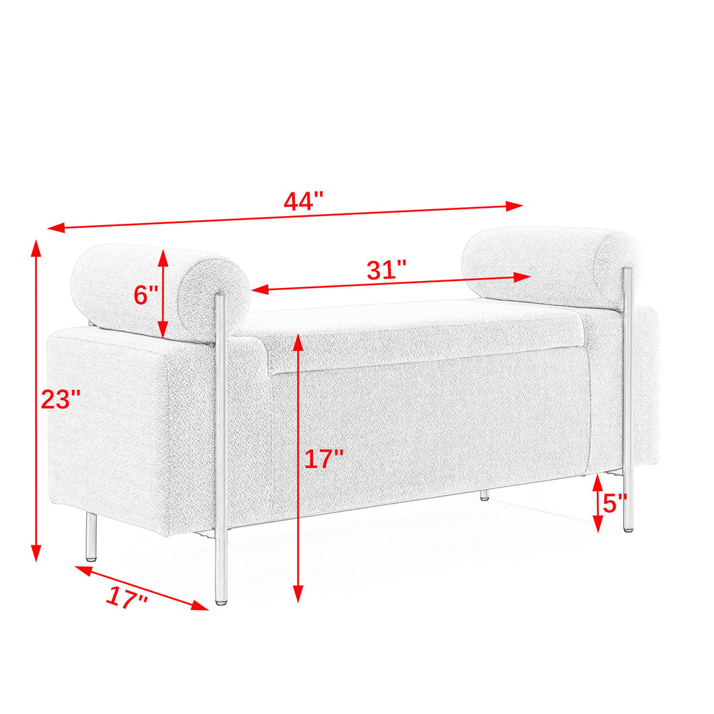 Elegant Upholstered Linen Storage Bench With Cylindrical Arms And Iron Legs, White