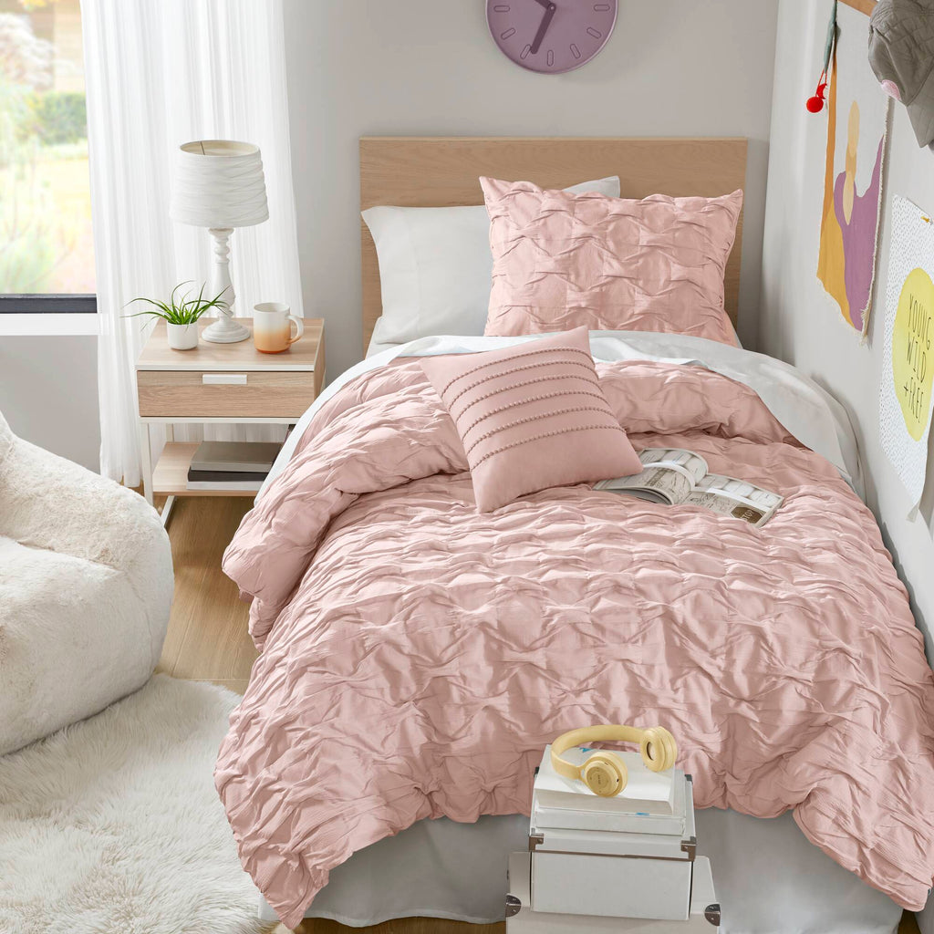 Bailey - Twin/Twin Long Diamond Pucker Comforter Set - Pink