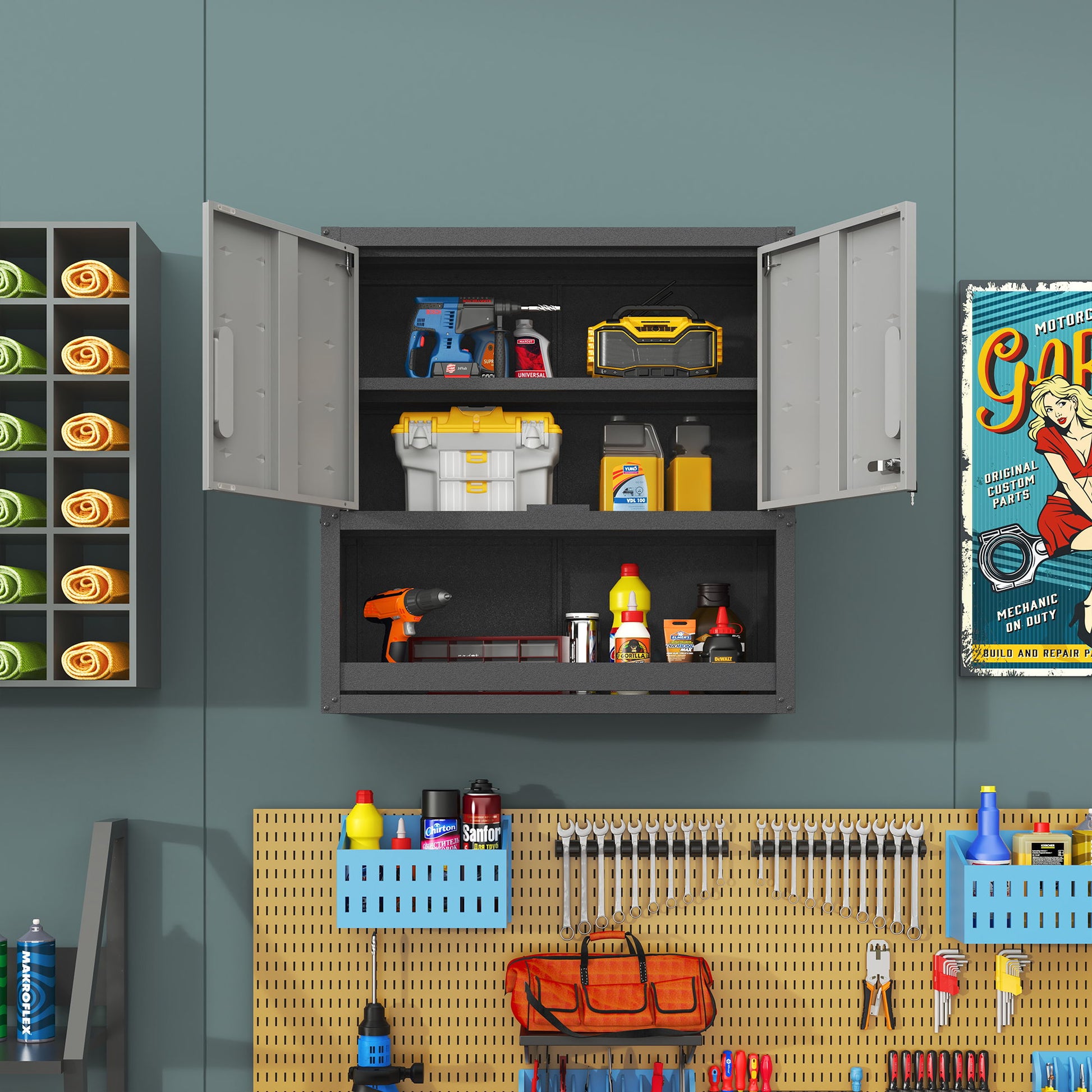 Metal Wall Mounted Tool Storage Cabinet With Locking Door, 1 Shelf & 1 Drawer