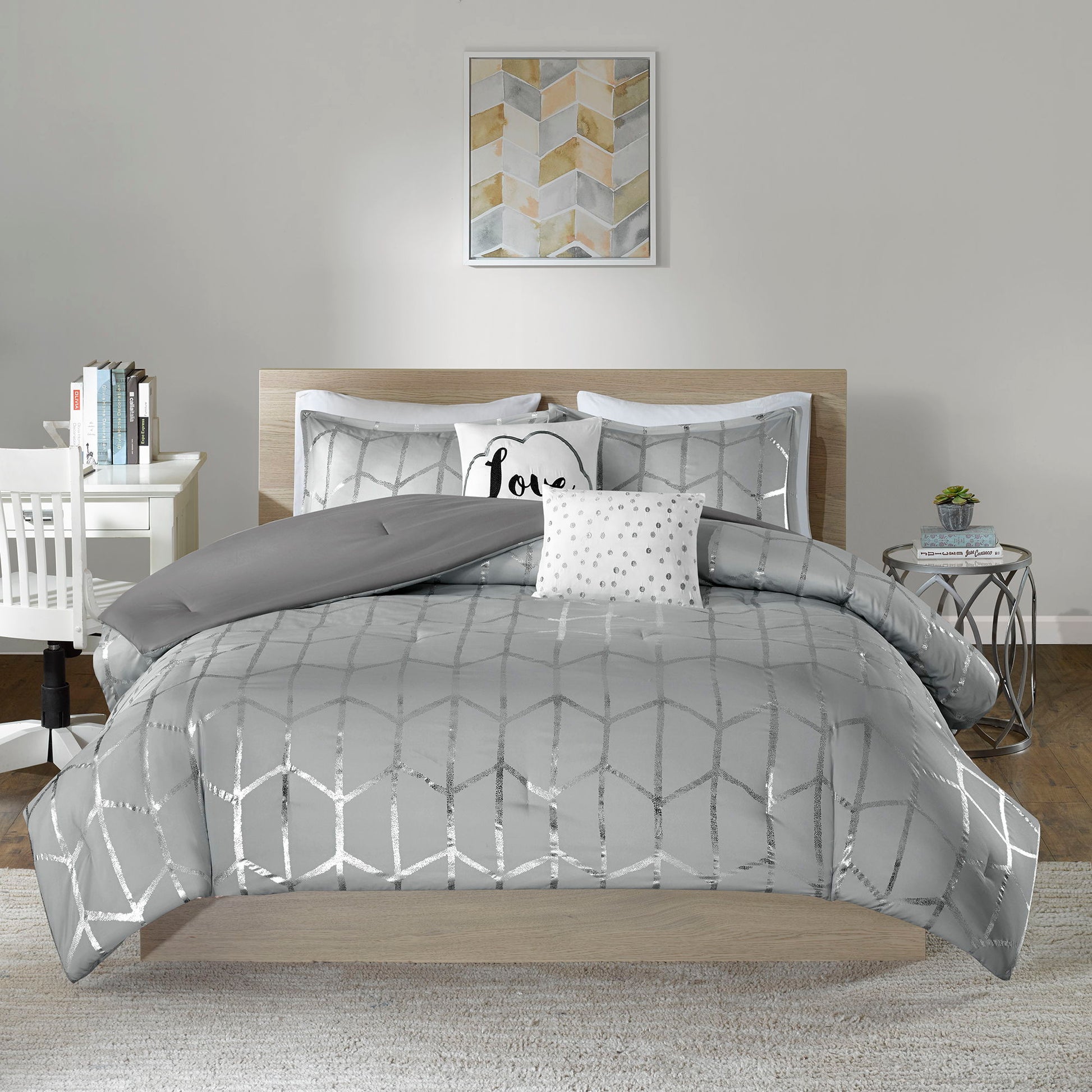 Raina - Brushed Microfiber Printed Comforter Set - Silver / Gray