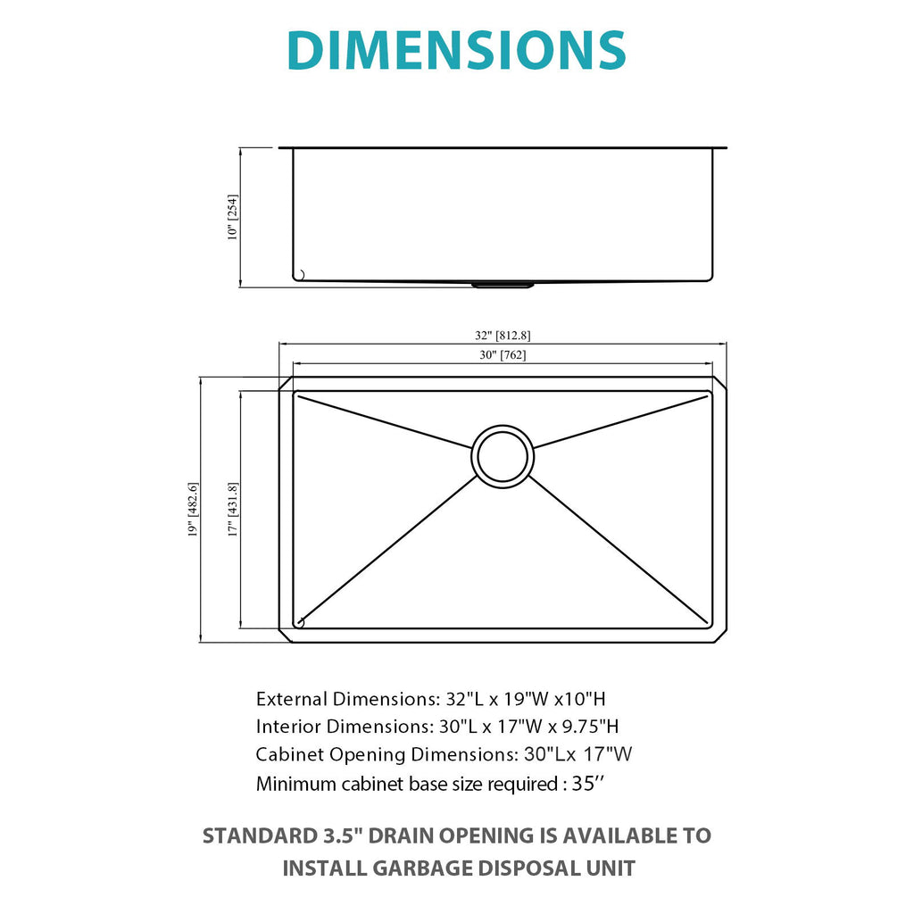 Gold Finish Undermount Stainless Steel Kitchen Sink 32" X 19" 16 Gauge Deep Single Bowl