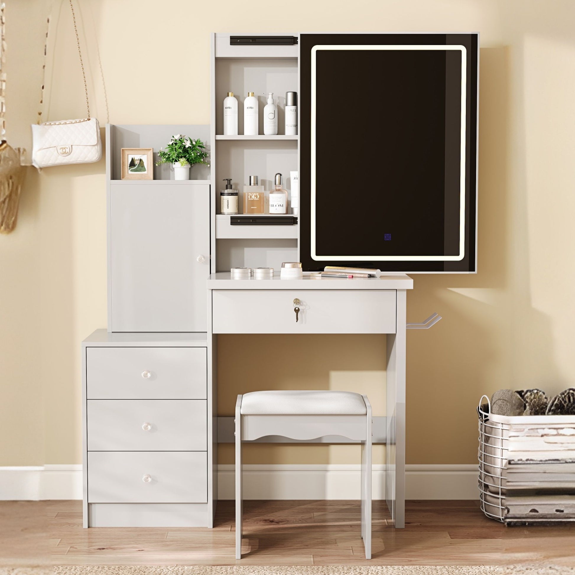 Vanity Desk Set With Sliding Lighted Mirror, 4 Drawer Makeup Dressing Table With 9 Storage Spaces, Hidden Compartments & Cushioned Stool, Beauty Furniture For Bedroom - White