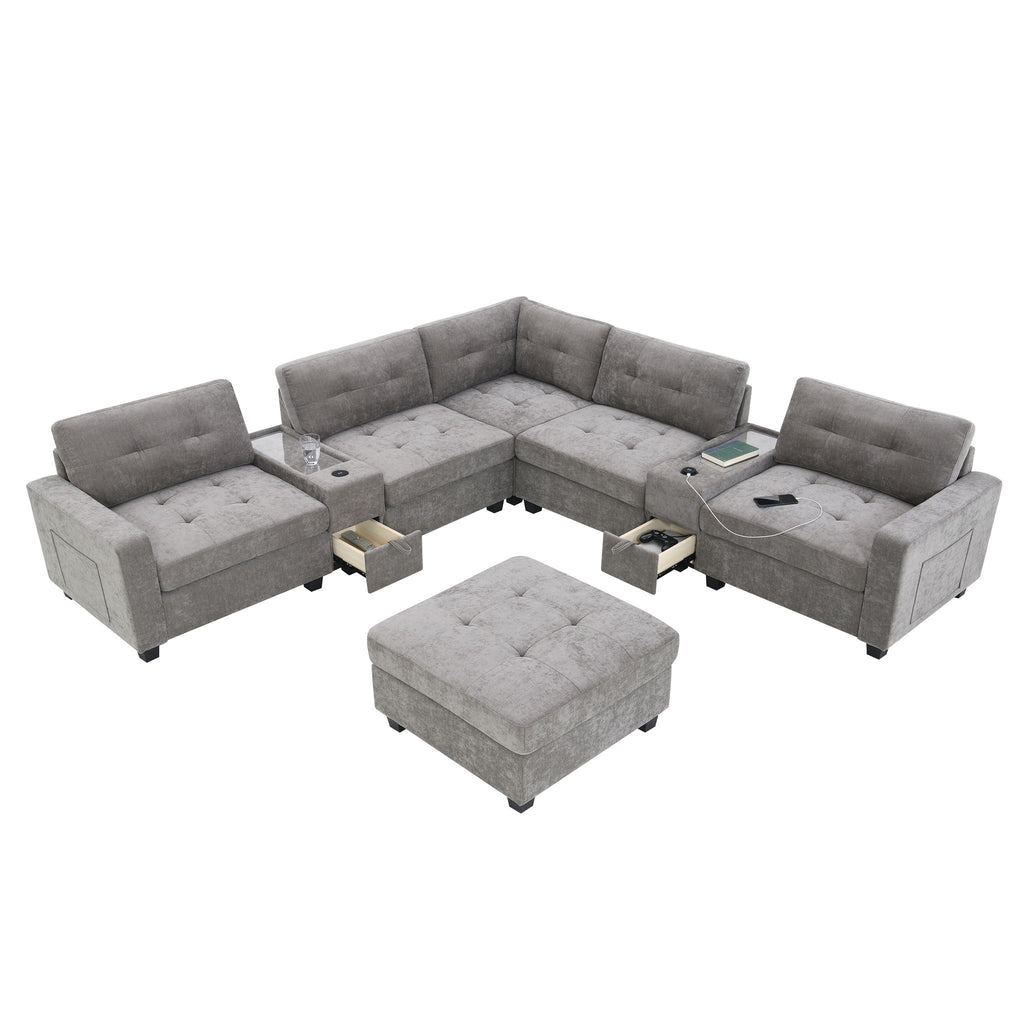 Sectional With Acrylic Table Top U Shaped Couch Set With 2 Consoles USB Charger, Storage Drawers And Pockets Movable Ottoman Tufted Sofa