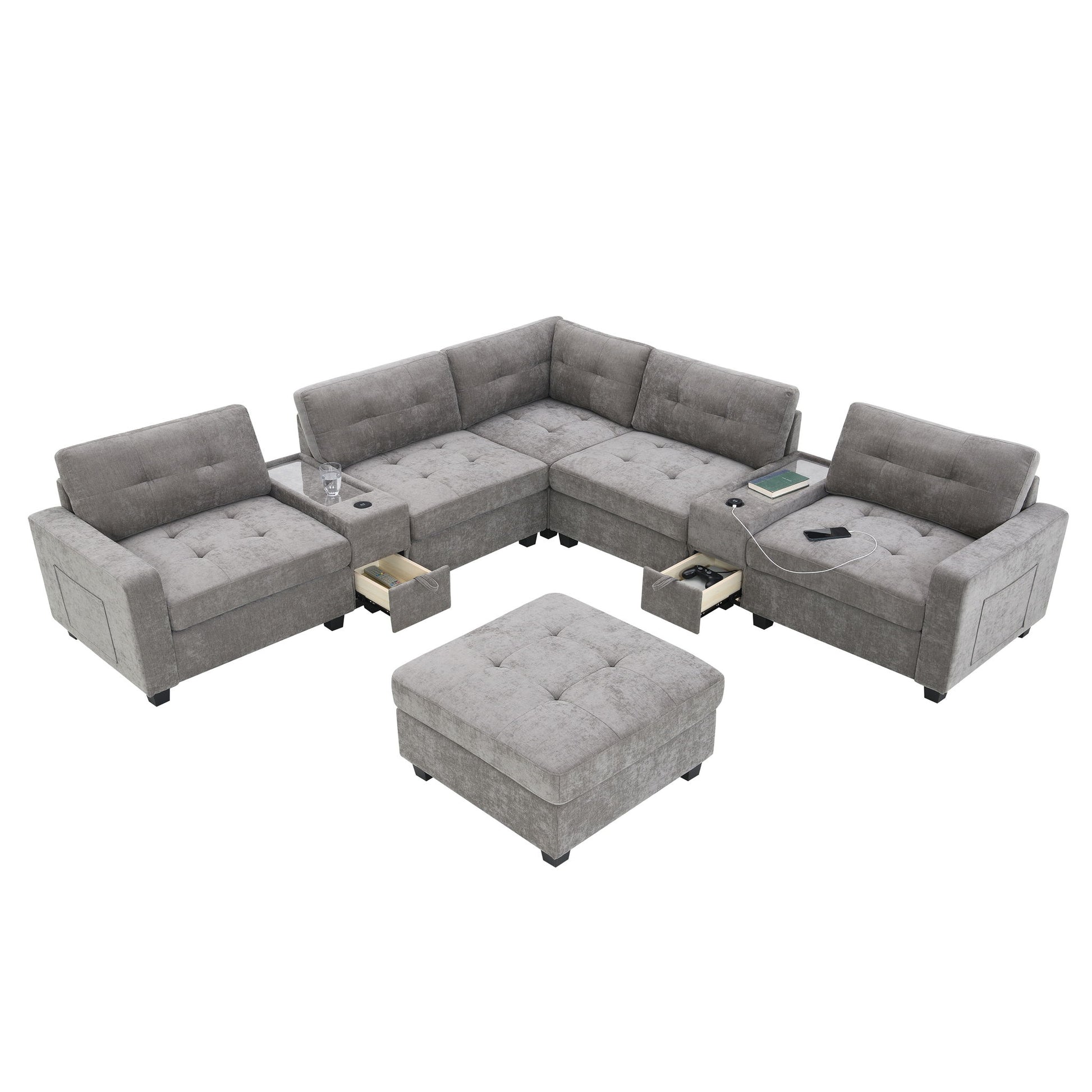 Sectional With Acrylic Table Top U Shaped Couch Set With 2 Consoles USB Charger, Storage Drawers And Pockets Movable Ottoman Tufted Sofa