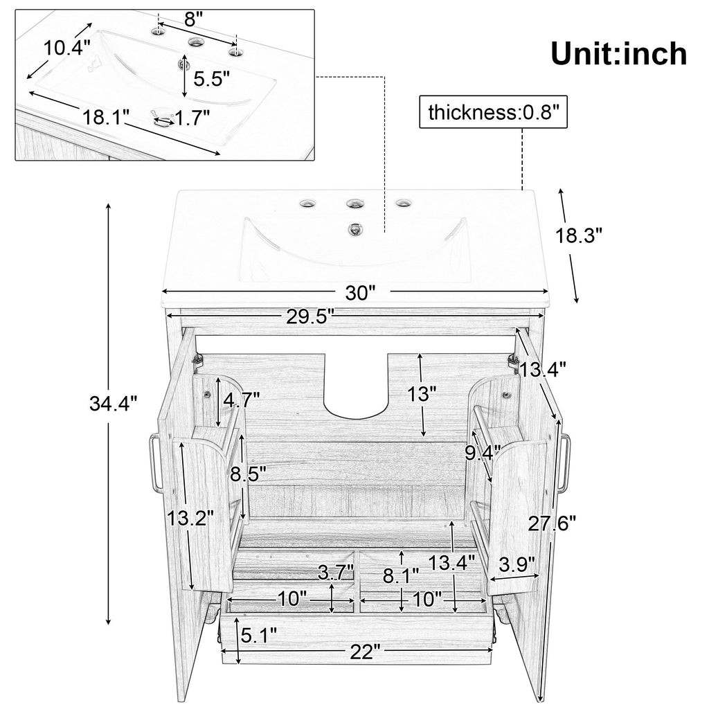 30" Bathroom Vanity With Sink, Cabinet With Doors And Drawer, Rectangular Shape - Natural