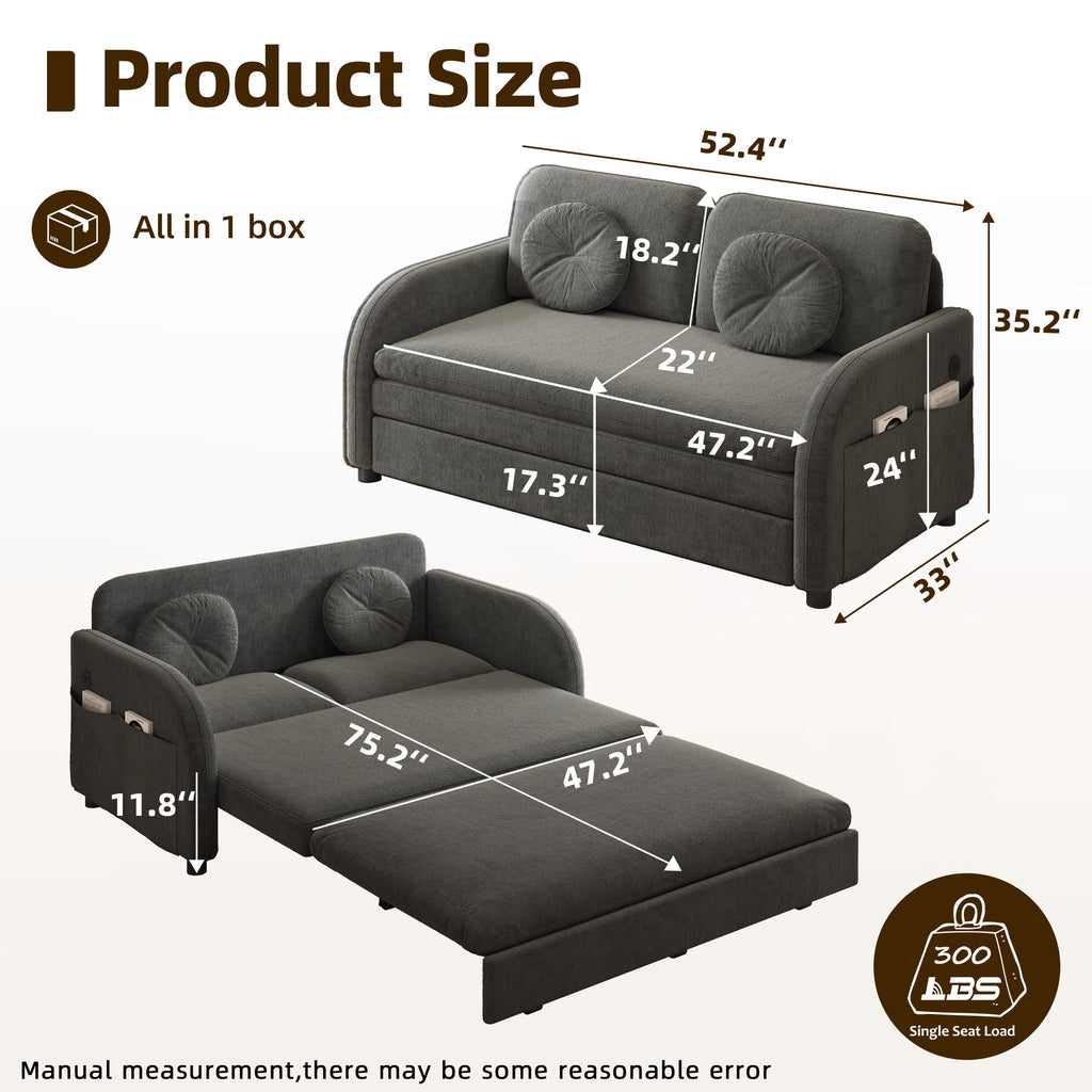 Upholstered Pull Out Couch With Side Pocket & USB Port