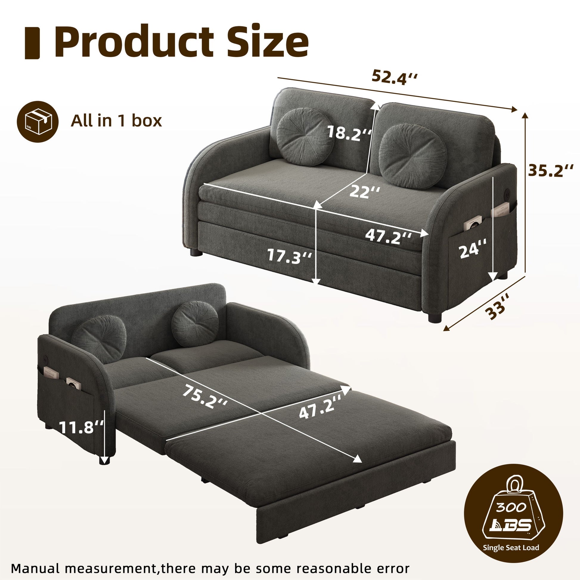 Upholstered Pull Out Couch With Side Pocket & USB Port