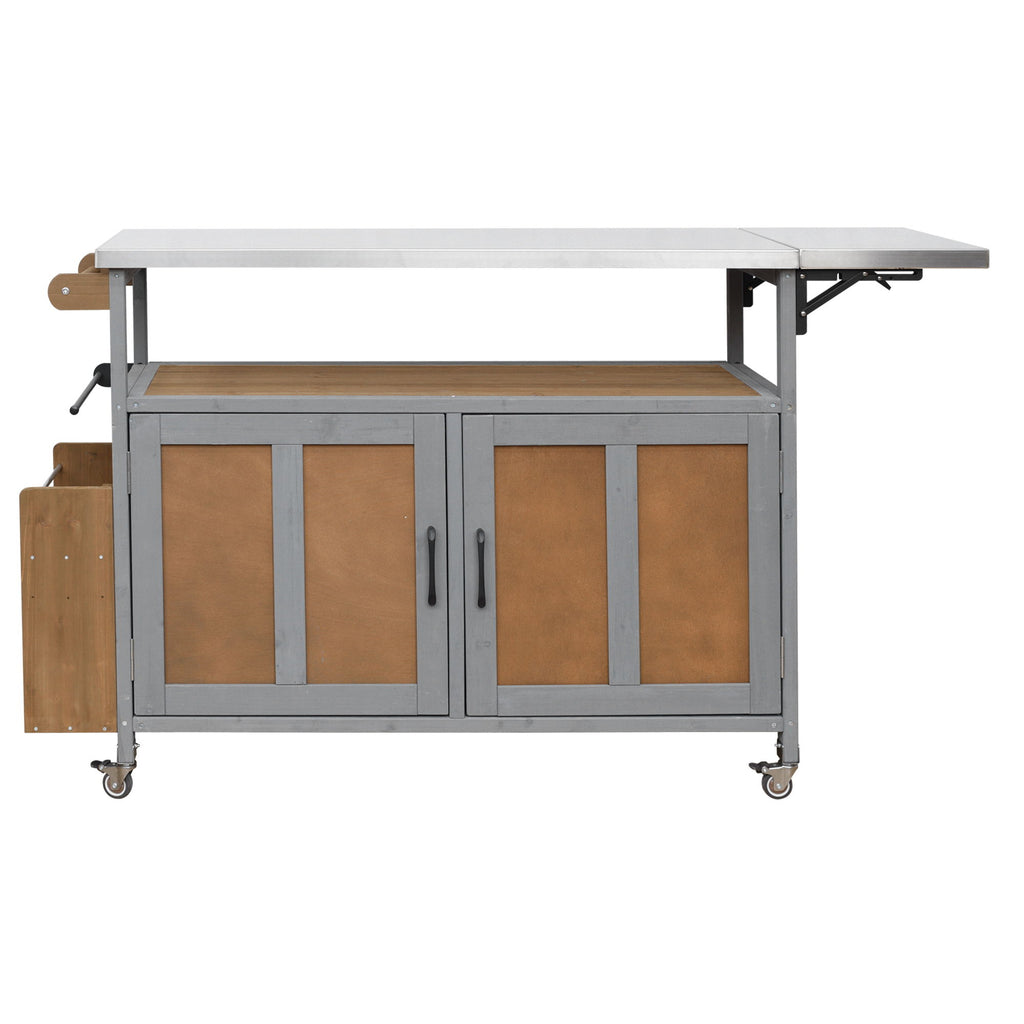 Foldable Outdoor Kitchen Island With Lockable Wheels, Storage Cabinet And Towel Rack For Patio