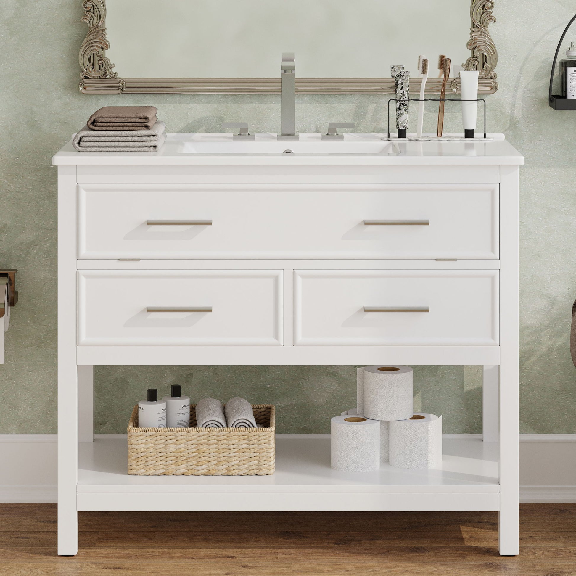 Bathroom Vanity With Ceramic Sink, Tip Out Tray & 2 Full Extension Drawers
