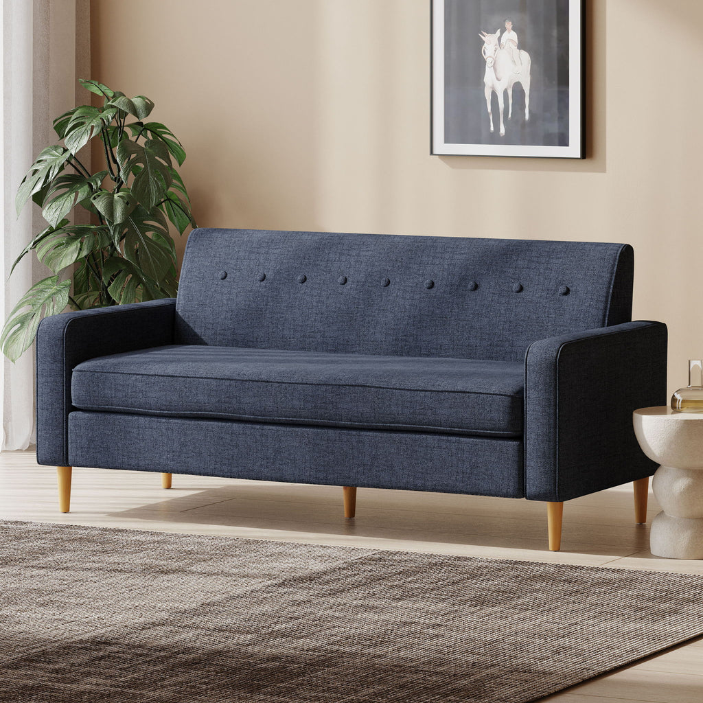 Mid Century Modern 3 Seater Sofa With Button Tufting - Dark Blue