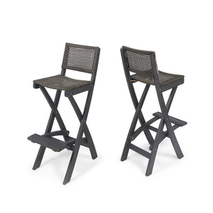 Outdoor Folding Acacia Wood Barstools With Rattan Backrest And Seat