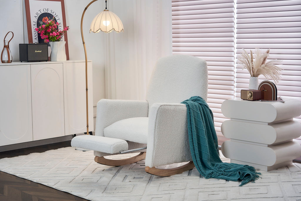 Teddy Fabric Nursery Rocking Chair With Adjustable Footrest - Ivory