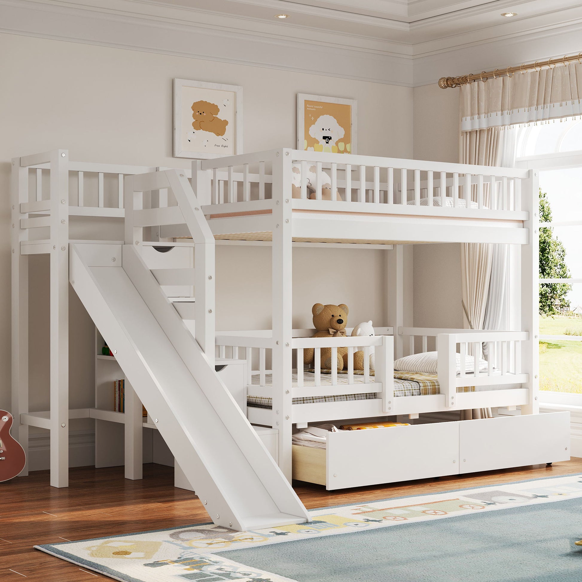 Bunk Bed With Storage Staircase, Slide And 2 Drawers