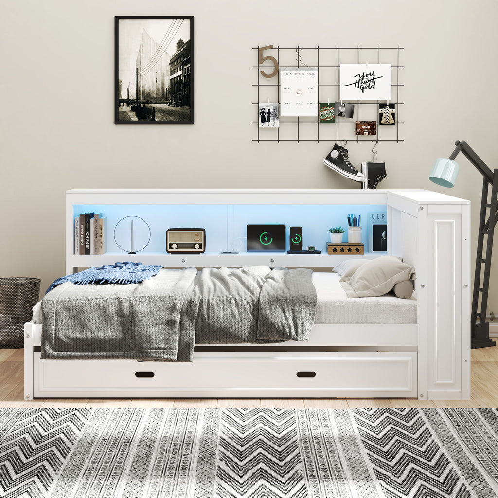 Daybed With Storage Shelves, LED, USB, And Trundle