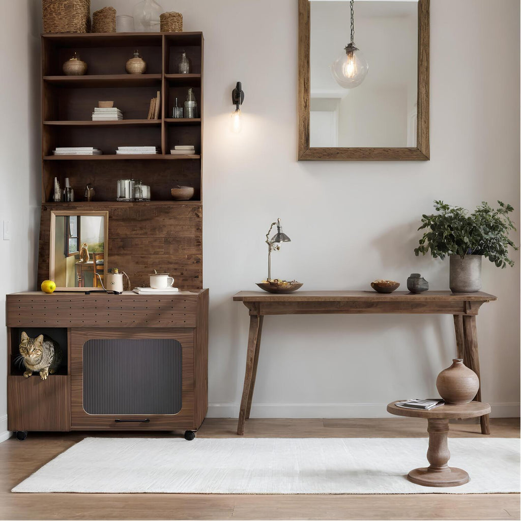 Furniture Style Multi Use Cat Litter Box House With Storage - Walnut