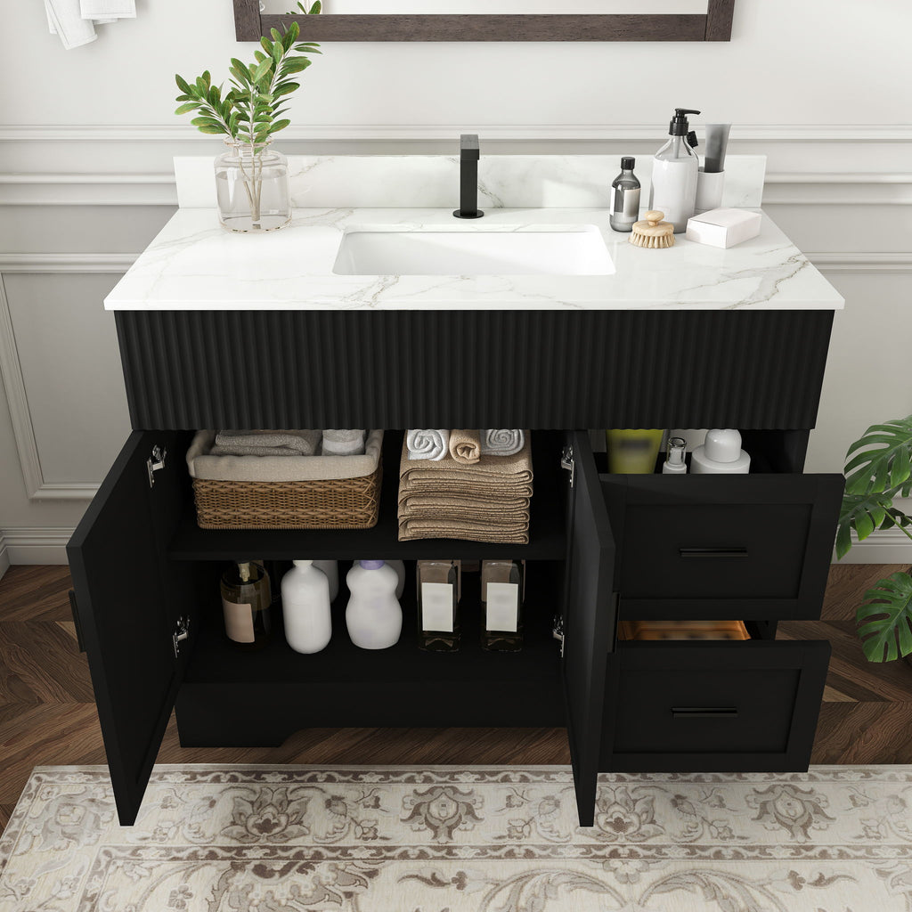 Bathroom Vanity Set, Fluted Cabinet, Soft Close Doors, Single Faucet Hole, Sink Included - Black