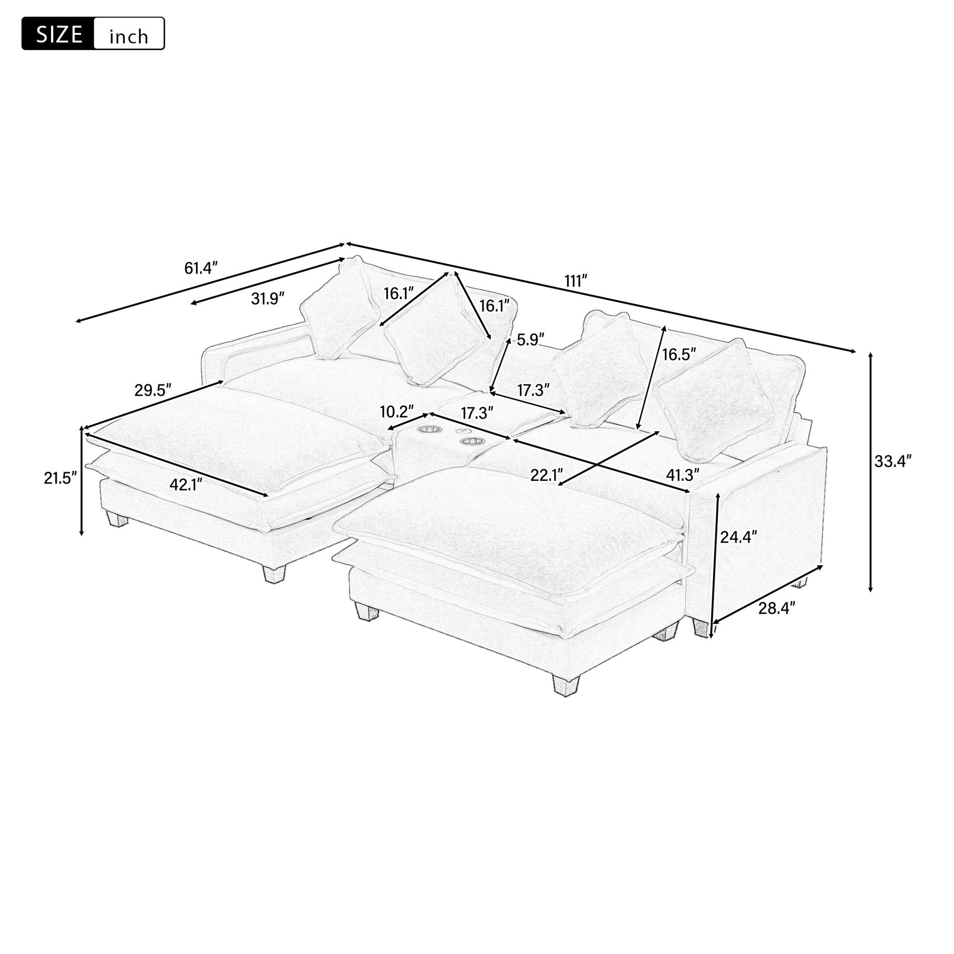 Modern Sectional Sofa With Removable Ottomans, USB Ports