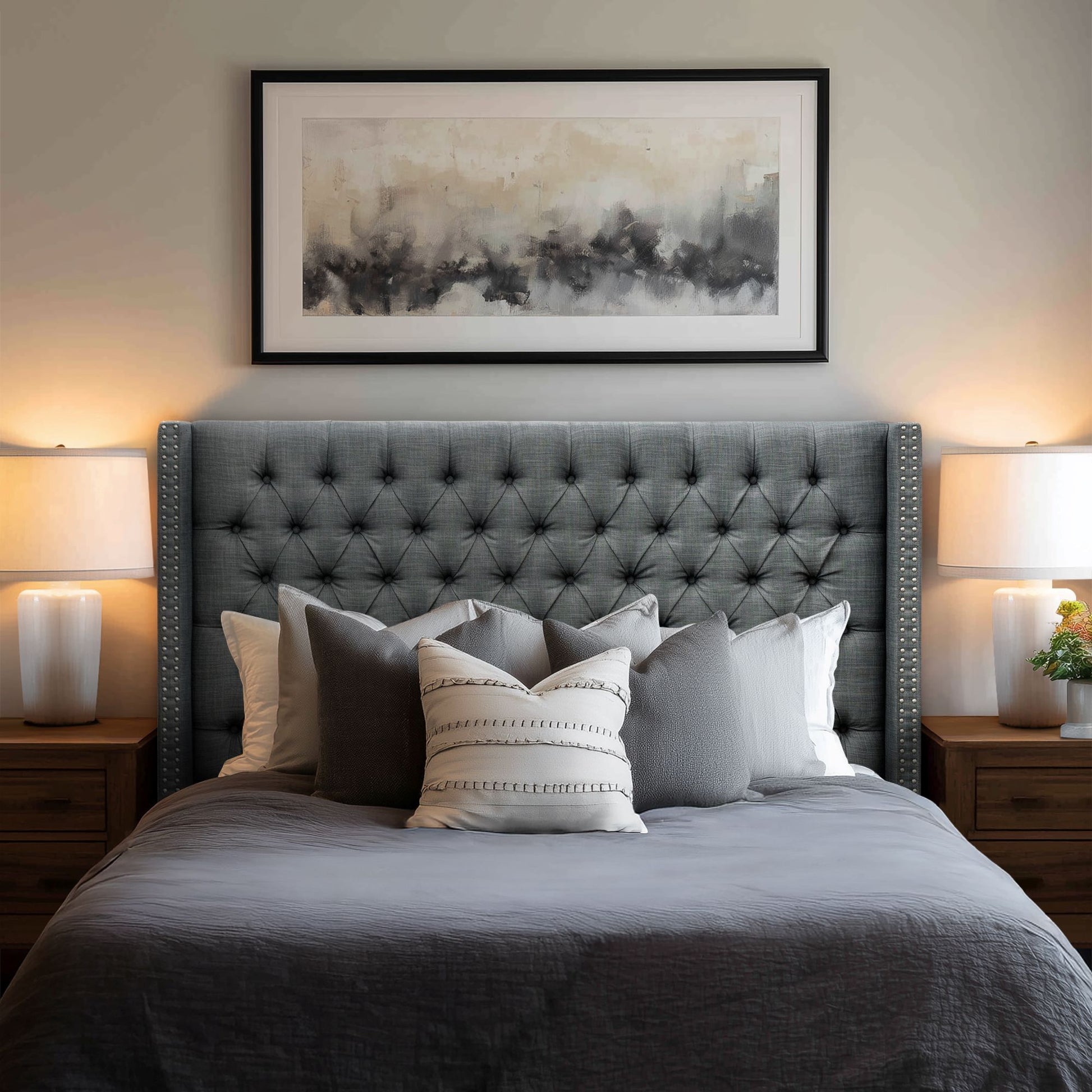 Amelia - Upholstered Wingback Headboard With Button Tufting & Nailhead Trim Woven - Dark Gray
