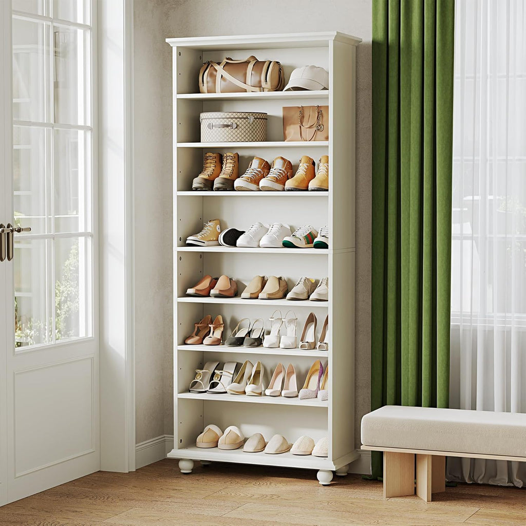 8 Tier Led Illuminated Shoe Cabinet With Adjustable Shelves, Storage Rack For 26 Pairs - White