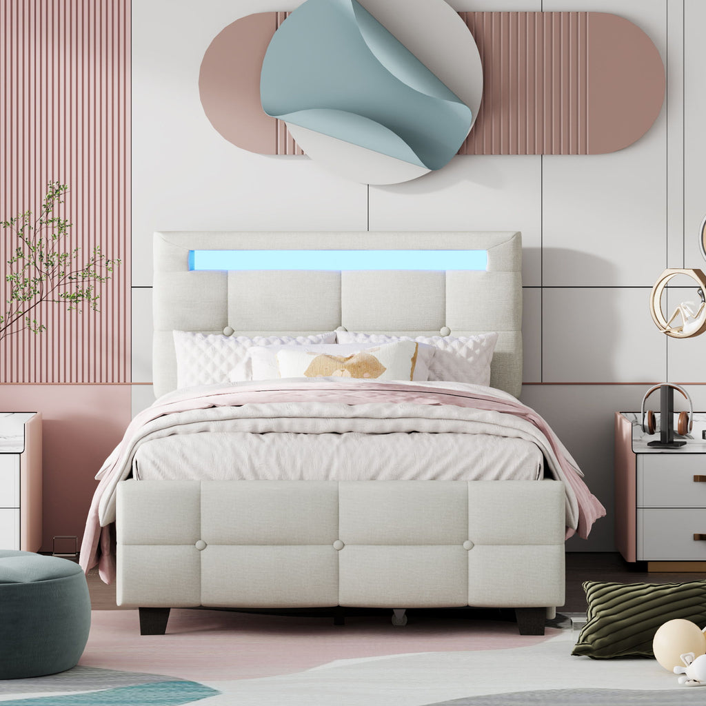 Upholstered Platform Bed With LED Frame, With Trundle And 2 Drawers
