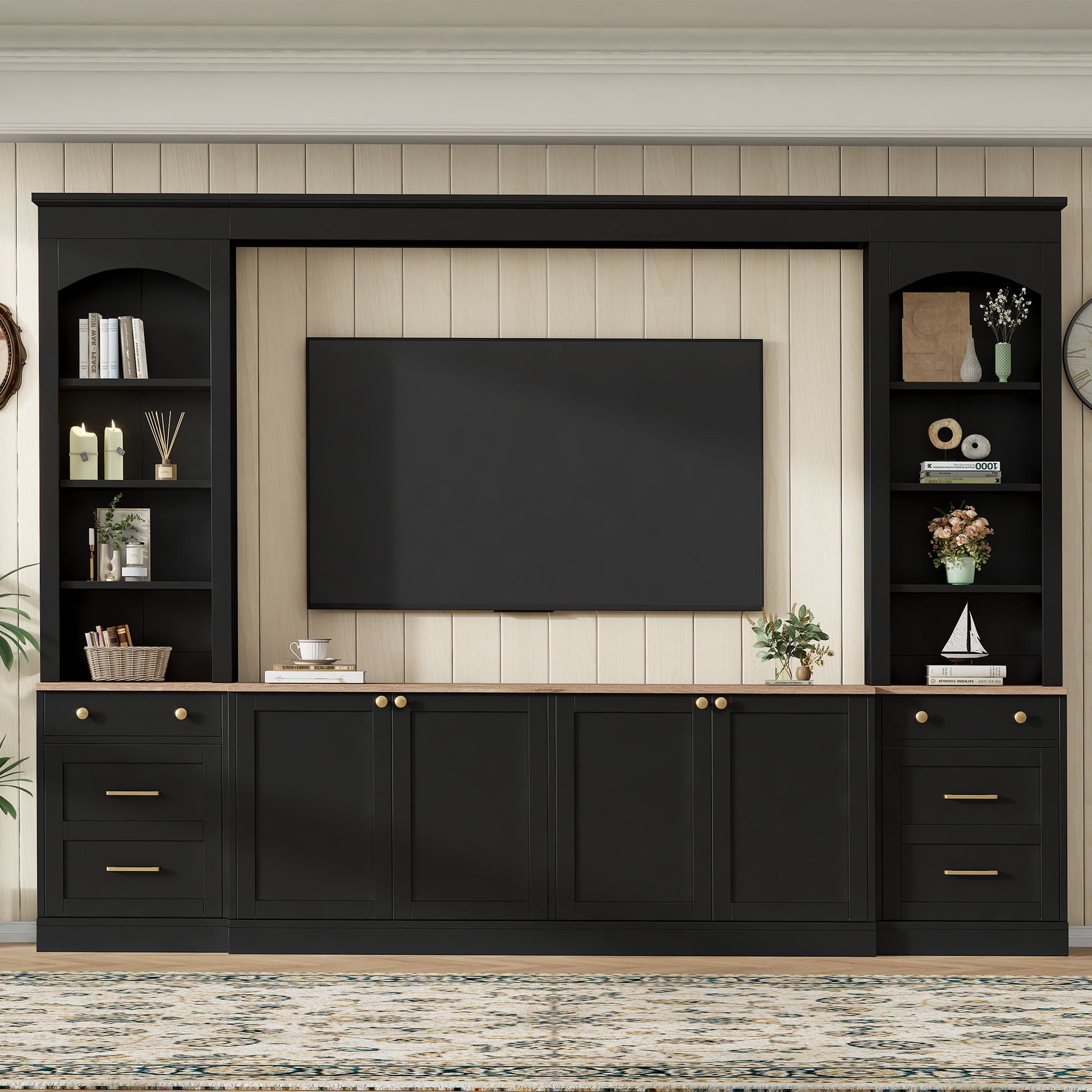 Arched Entertainment Center Wall Unit With Bookshelf, Retro Large TV Stand
