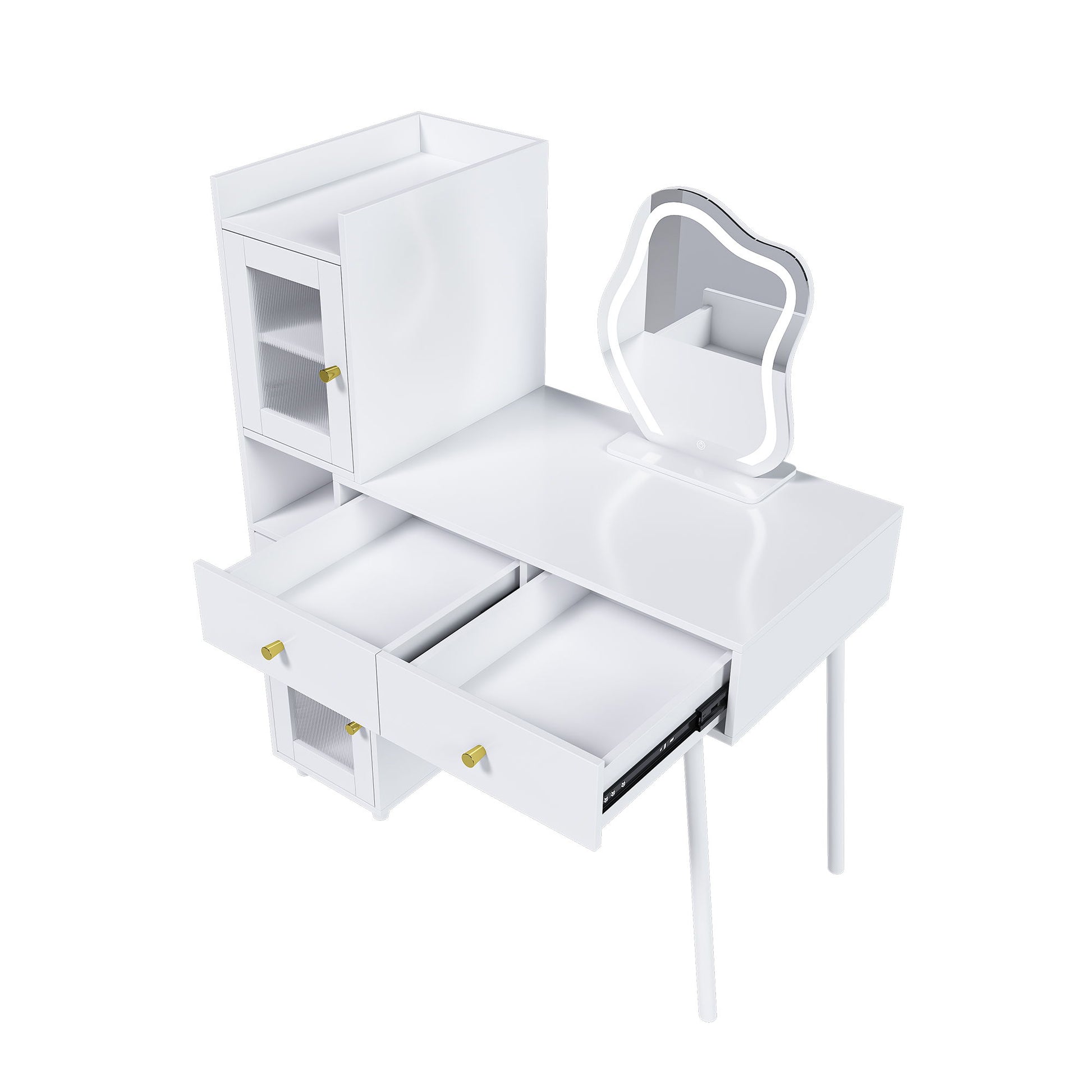 Vanity Dressing Table With LED Mirror & Storage Makeup Desk With 3 Drawers, 2 Open Shelves & 4 Hidden Cabinets - White