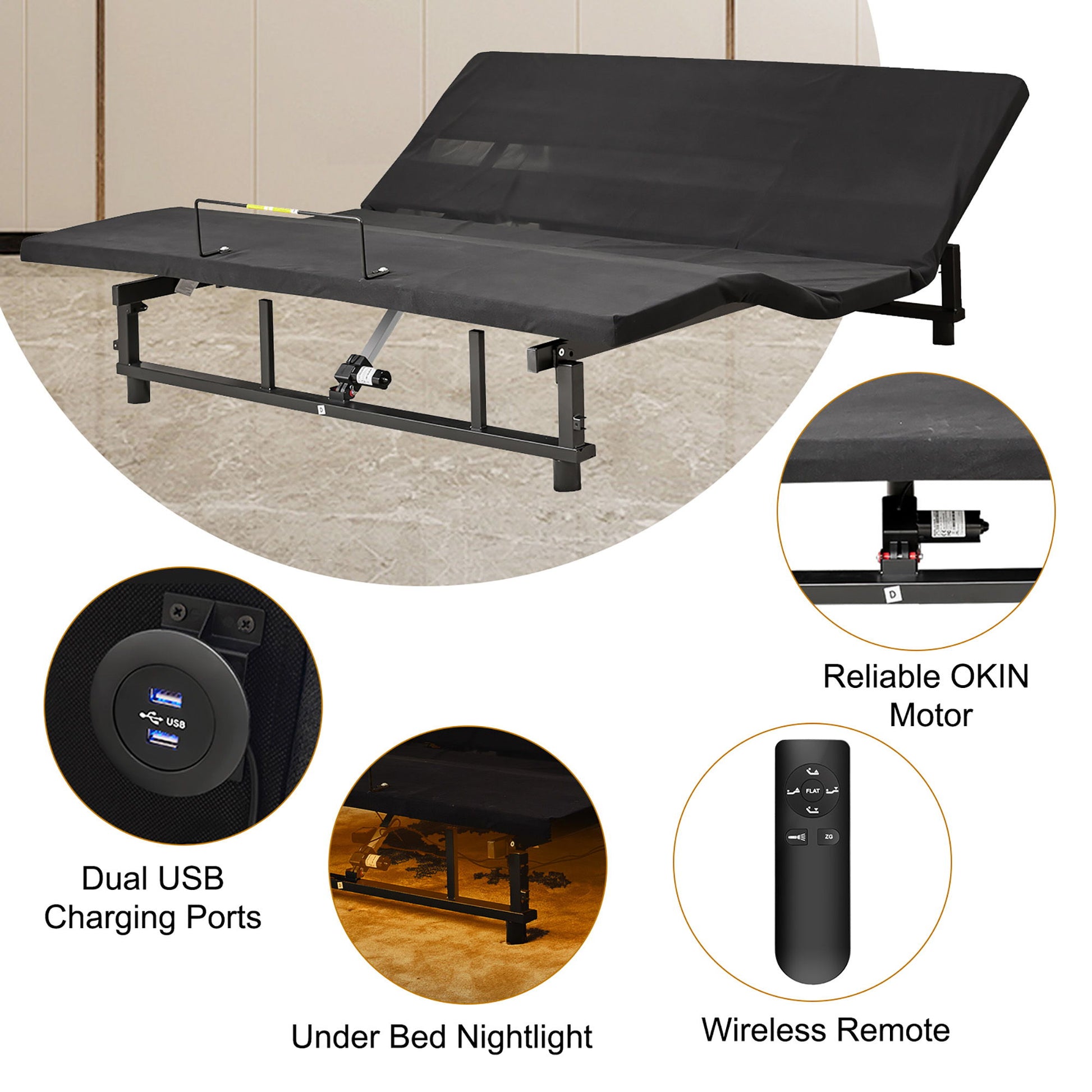 Adjustable Bed Base Frame Queen With Head And Foot Incline Wireless Remote - Antique Black