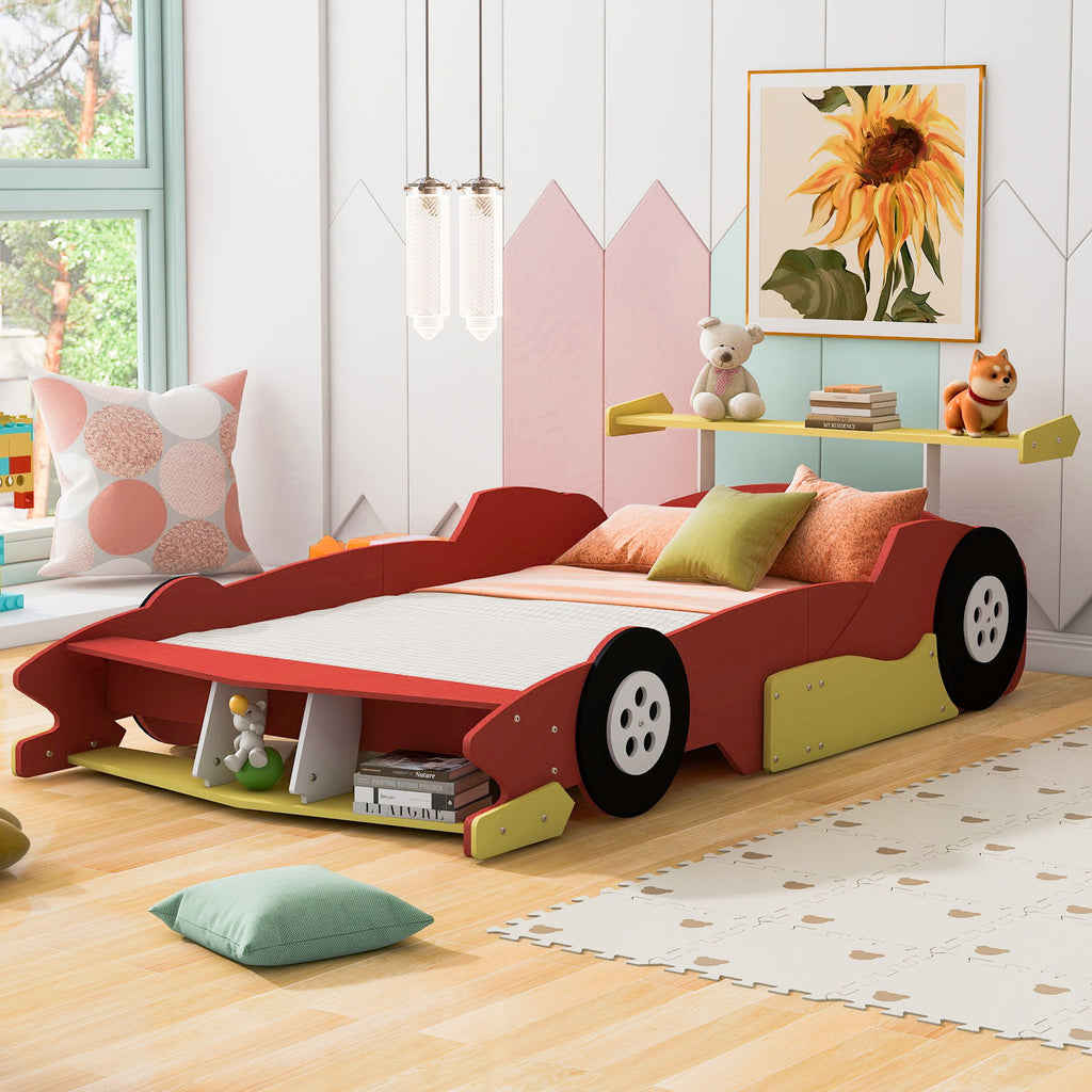Race Car-Shaped Platform Bed With Wheels