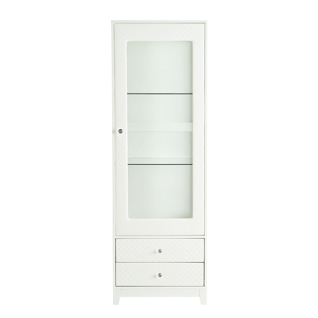 Modern Upholstered Glass Display Cabinet With Adjustable LED Light - White