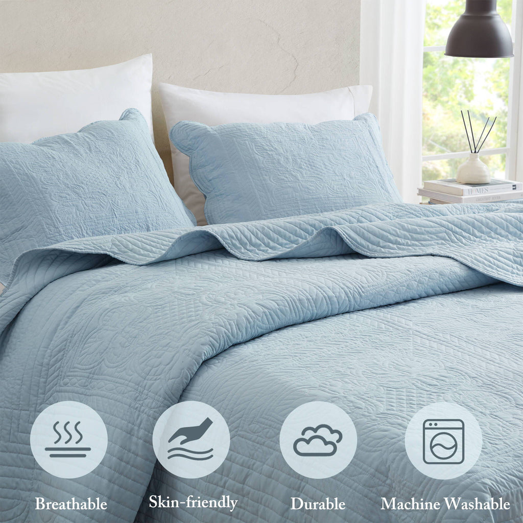 Tuscany - 3 Piece King Reversible Scalloped Edge Quilt Set - Blue