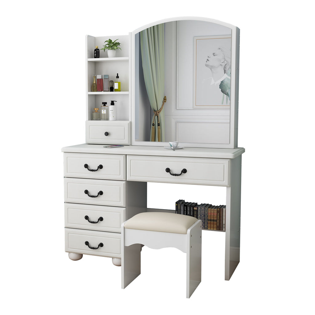 Fashion Vanity Desk With Mirror And Adjustable Lighting, 6 Drawers, 3 Color Light Modes - White
