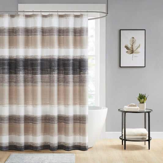 Saben - Stripe Print Shower Curtain - Taupe/Black