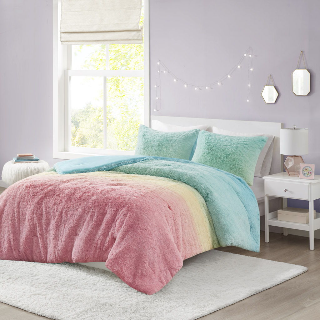 Primrose - Ombre Shaggy Faux Fur Twin Comforter Set - Aqua Multi