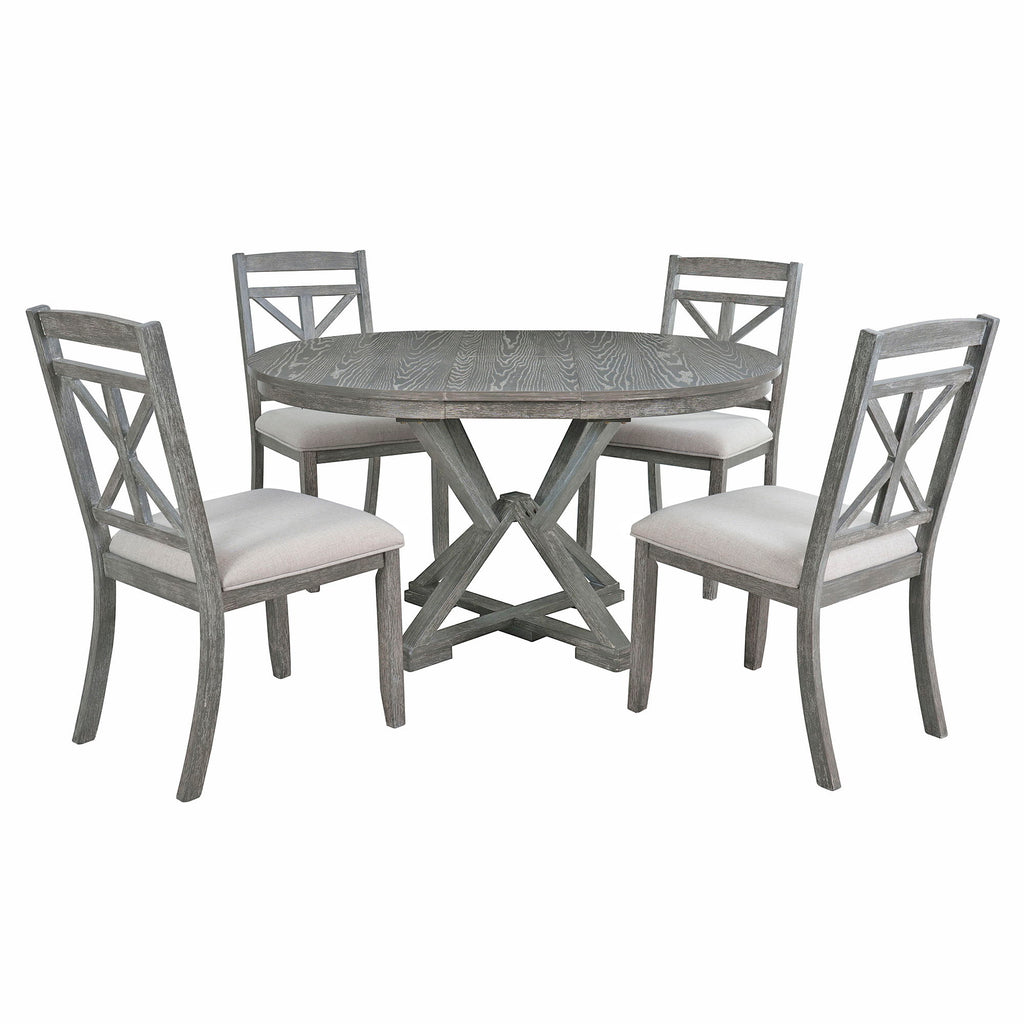 Dining Set With Extendable Round Table And 4 Upholstered Chairs