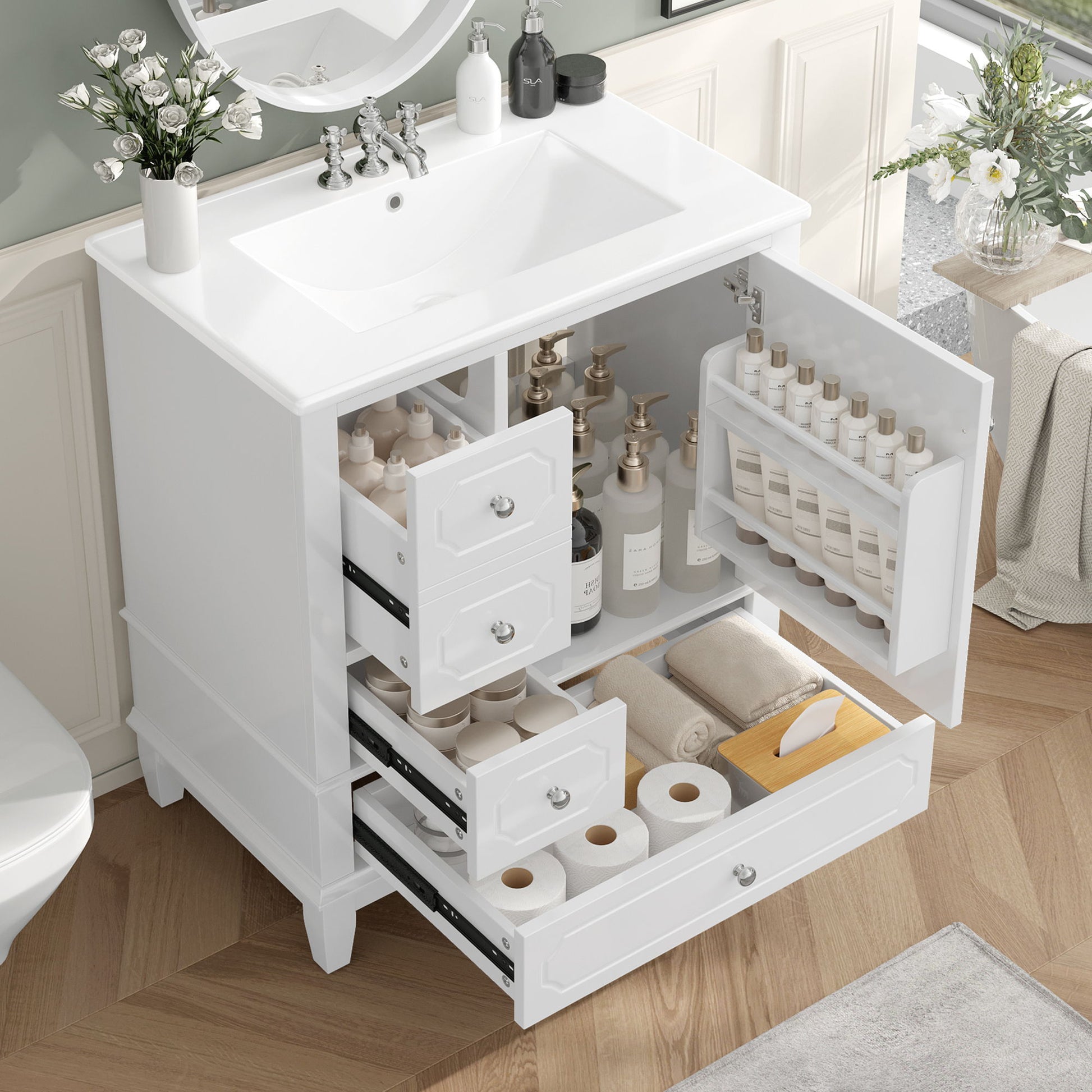 Bathroom Vanity With Sink, Freestanding Vanity Cabinet With Ceramic Basin, Soft Close Door, 3 Drawers