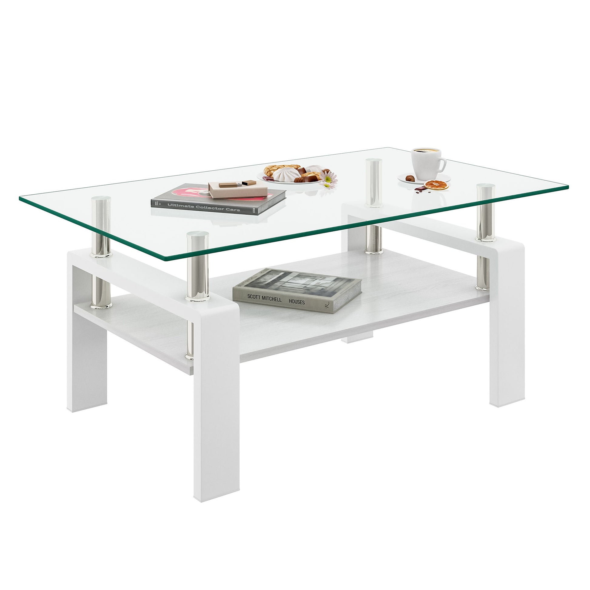 Modern Rectangular Coffee Table With Tempered Transparent Glass Top And Storage Shelf
