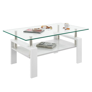 Modern Rectangular Coffee Table With Tempered Transparent Glass Top And Storage Shelf