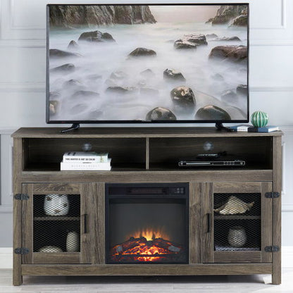 Modern Farmhouse TV Stand With Electric Fireplace, Fit Up To Flat Screen TV With Storage Cabinet And Adjustable Shelves Industrial Entertainment Center For Living Room - Gray