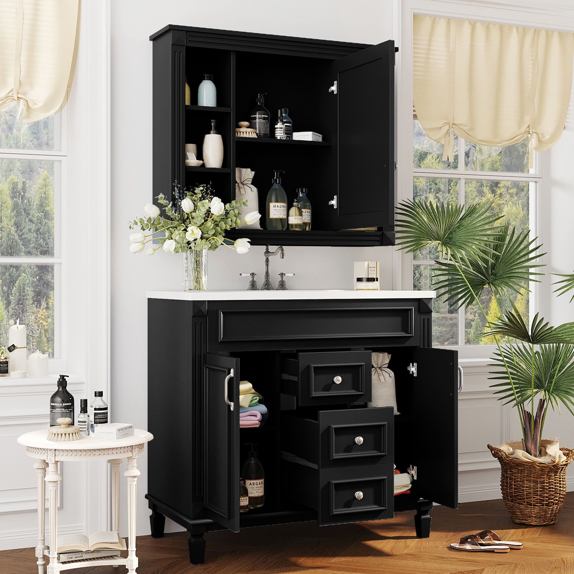 Bathroom Vanity With Top Sink, Mirror Cabinet, 2 Soft Closing Doors & 2 Drawers