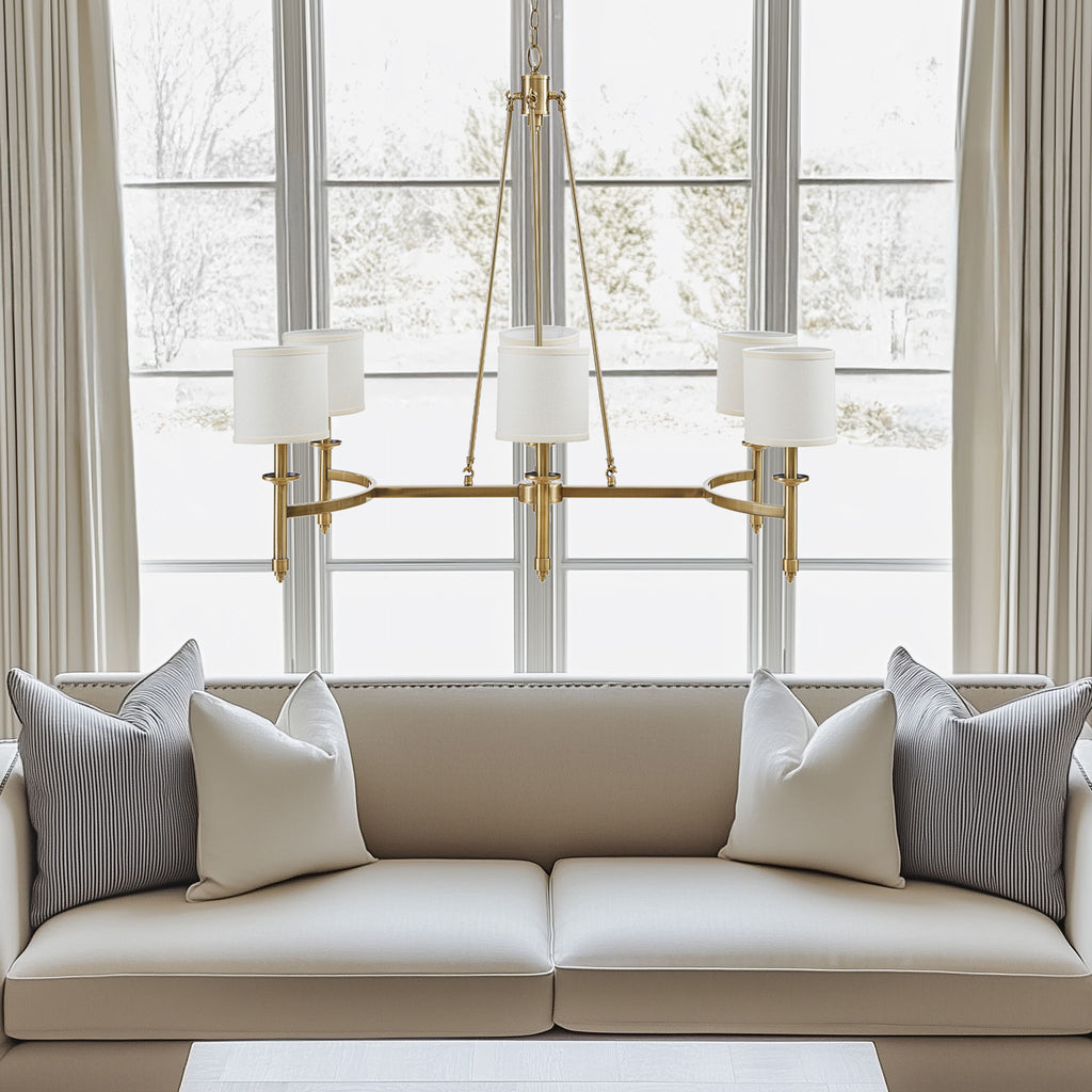 Elegenza - 6-Light Chandelier With Fabric Drum Shades - Antique Gold