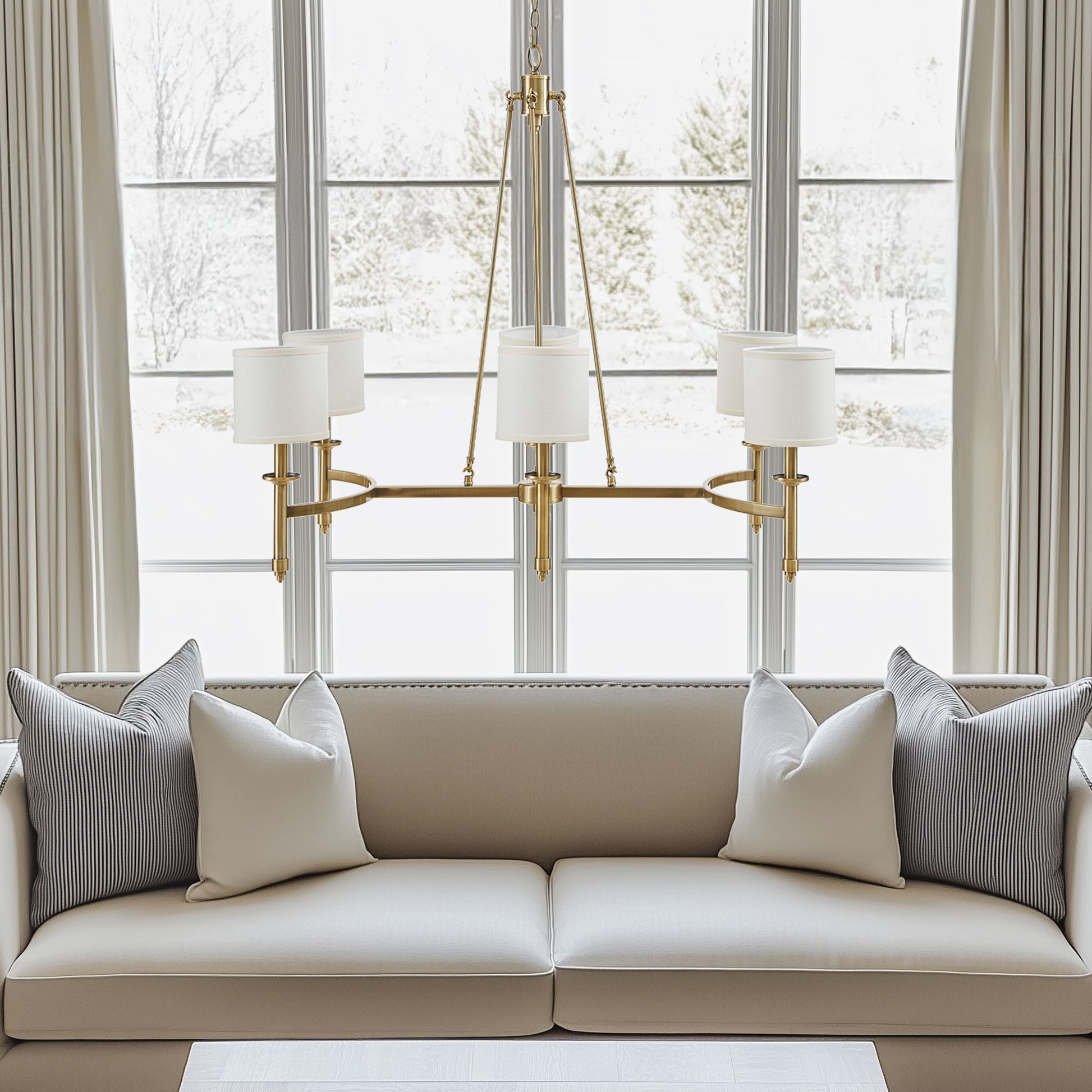 Elegenza - 6-Light Chandelier With Fabric Drum Shades - Antique Gold